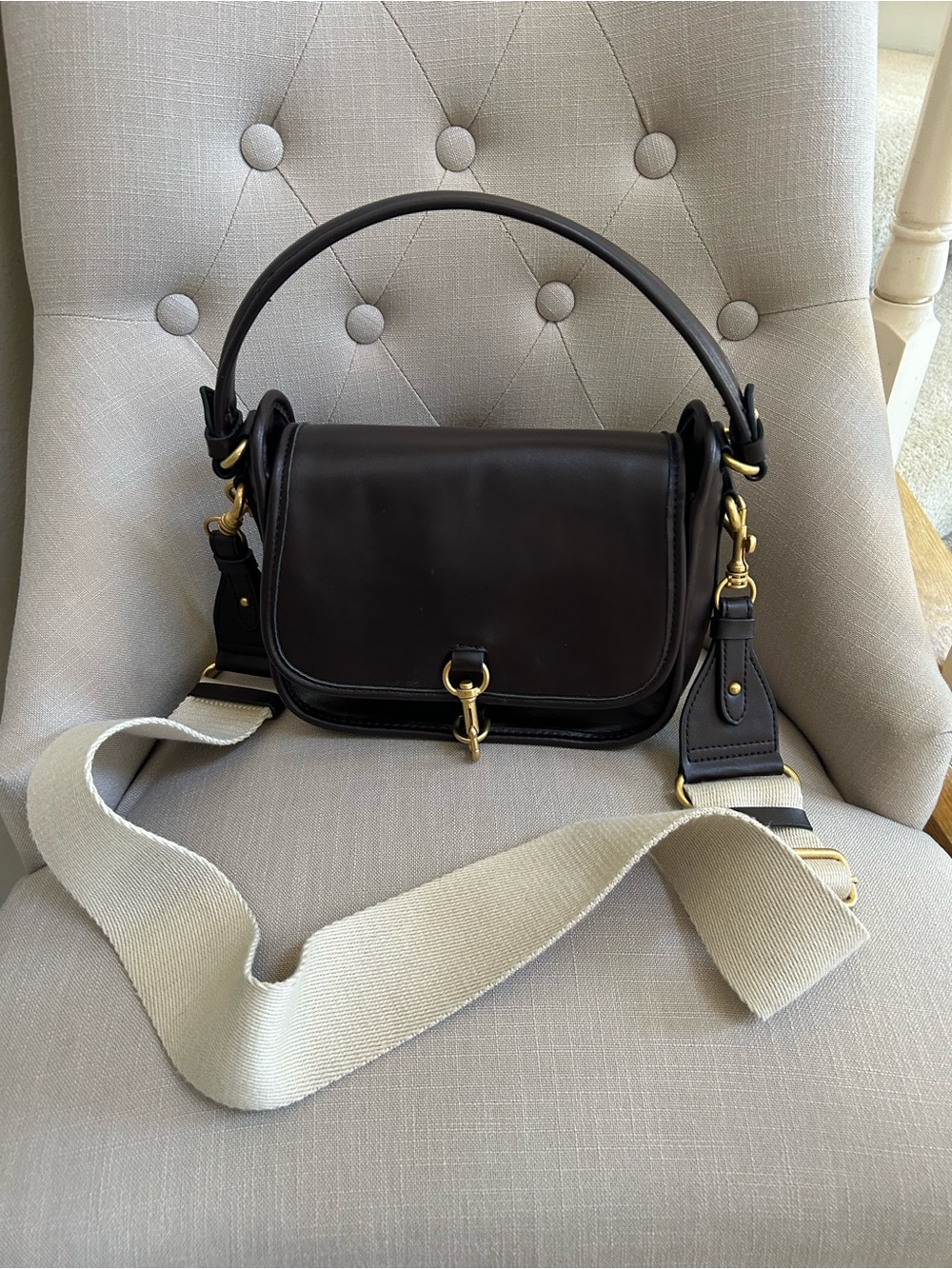 Zara Dark Brown Leather Crossbody with Cream Strap & Clasp Detail .